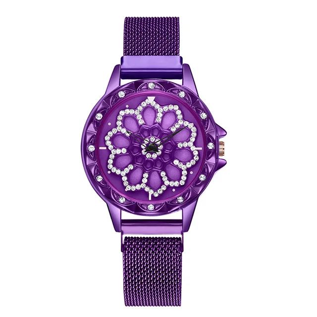 Purple Женские кварцевые наручные часы с кристаллами, модные женские вращающиеся магнитные счастливые часы, новые женские часы-браслет - Цвет: Purple