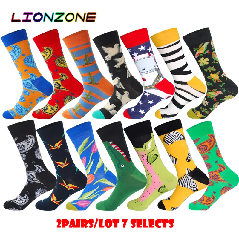 LIONZONE 2 пар/лот мужские Смешные счастливые носки животные растения дизайн