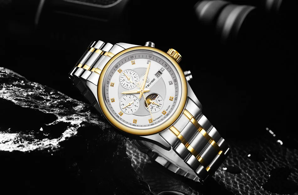 Марка TEVISE Для мужчин часы Moon Phase автоматические часы механические часы Для мужчин модные Повседневное Нержавеющая сталь наручные часы relogio
