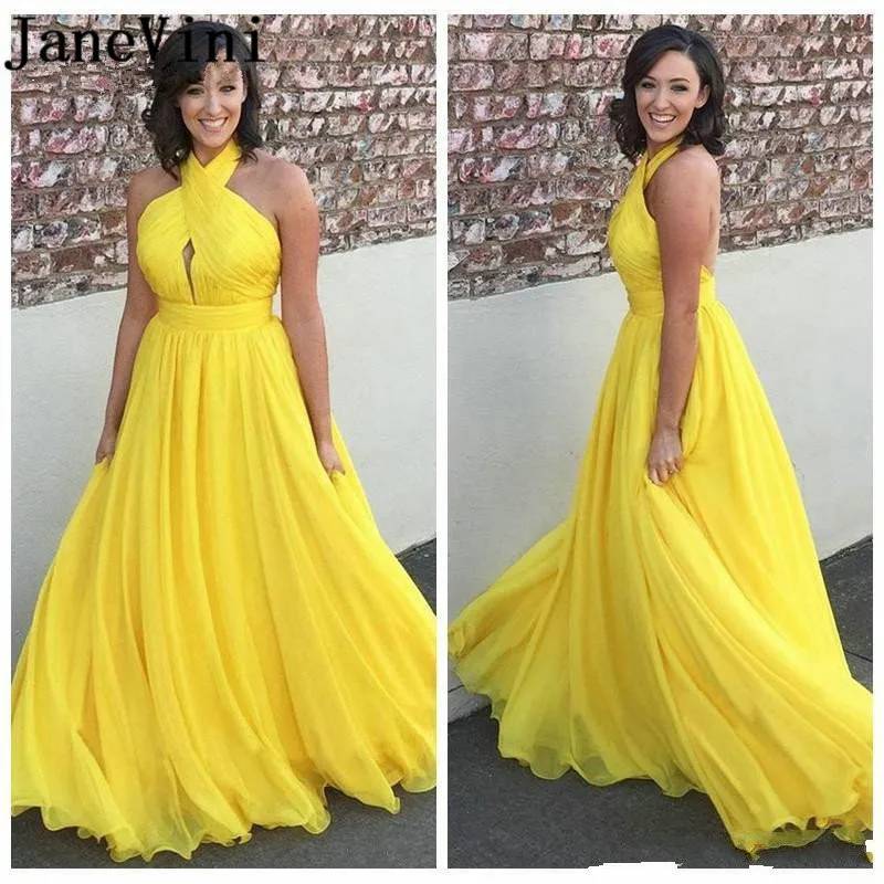 

JaneVini Yellow Long Evening Dresses 2019 Robes Longues Halter Backless Sexy Women Prom Party Dress Floor Length Formal Gowns