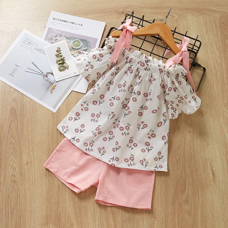 Bear Leader Girls Clothing Sets Fashion Summer Kids Flower Print Sling T-shirt+Solid Shorts 2Pcs Clothes | Детская одежда и обувь