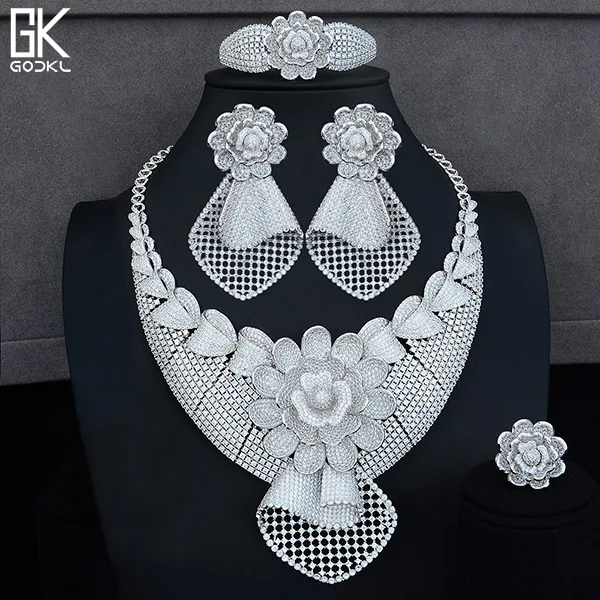 Silver Godki роскошный цветок 4 шт. африканские Лариат комплекты украшений для женщин Свадебные кубический циркон Кристалл CZ индийские золотые свадебные комплекты ювелирных изделий - Окраска металла: Silver