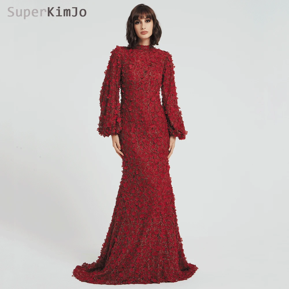 

SuperKimJo Long Sleeve Burgundy Evening Dresses Elegant Arabic Style Mermaid 3D Flowers Evening Gown Robe De Soiree