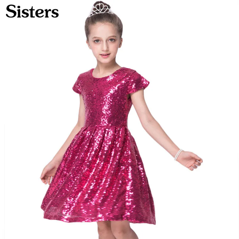 SISRERS 2018 INS Fashion Girls Dress Sequin Short Sleeve Party Shiny Princess Boutique Clothing Golden Rose Red | Детская одежда и