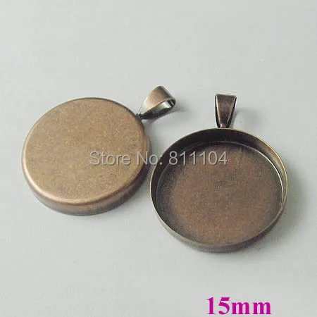 15mm Vintage Antique Copper Plated Blank Bases Round Deep Wall Bezel cups w/ a bail Cabochon Settings Pendant Blank Wholesale