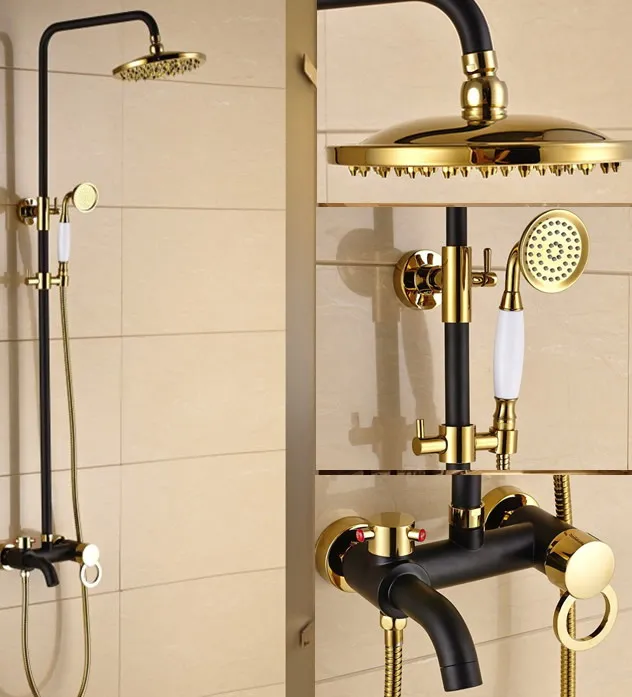

Gold Color Brass & Black Oil Rubbed Bronze Bathroom Rain Shower Faucet Set Single Handle Mixer Tap with Hand Shower Crs910