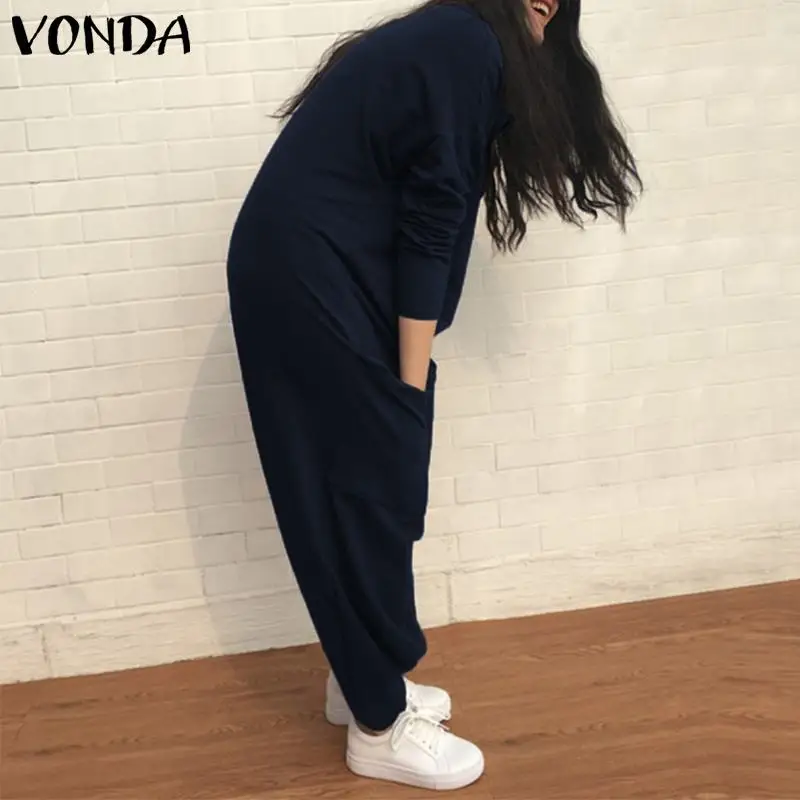 VONDA комбинезон женский комбинезон осенний сексуальный нагрудный воротник с длинным рукавом шаровары размера плюс комбинезоны повседневные Свободные Комбинезоны