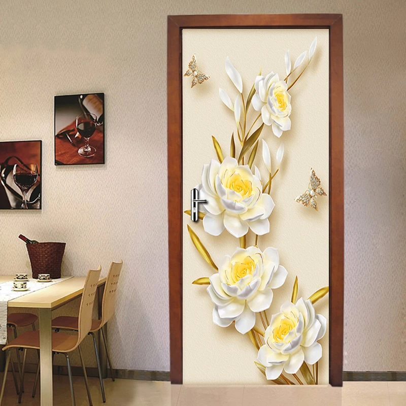 Golden Flowers Butterfly Wall Stickers DIY Removable Door Sticker Living Room Door Decoration Poster Wallpaper Home Decor 3D butterfly of love removable refrigerator wall stickers