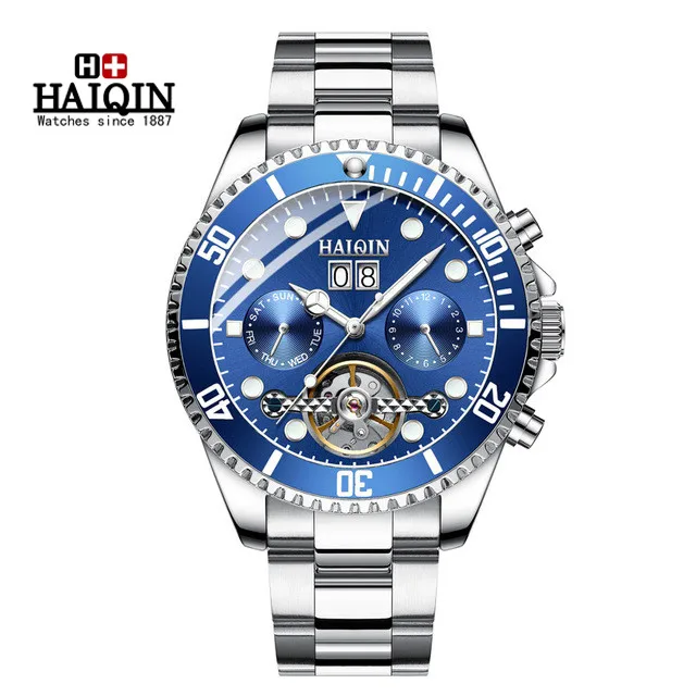 HAIQIN мужские часы Топ бренд класса люкс Tourbillon механические часы для мужчин бизнес Нержавеющая Сталь военные часы Relogio Masculino - Цвет: silver blue