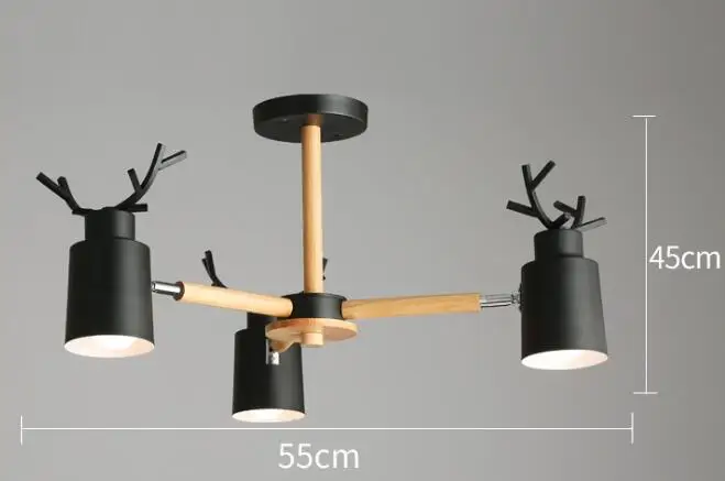 Black 3 lights Скандинавское бревно гостиной спальни люстра E27 led металлический абажур творческая личность кухня и ресторан теплый рога люстра - Цвет корпуса: Black 3 lights