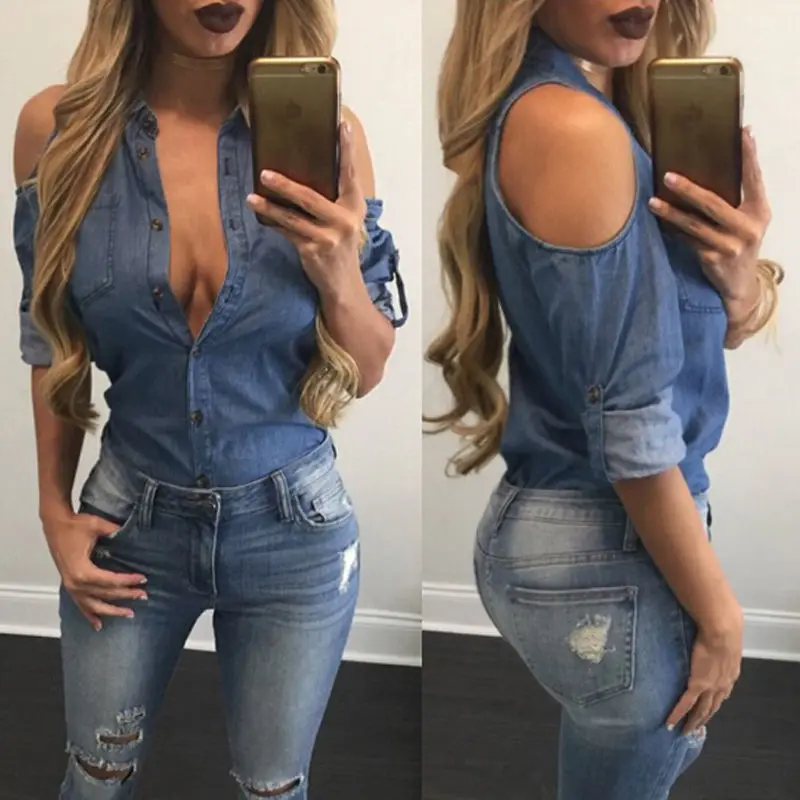 

New 2019 Women arrival Long Sleeve Hollow Out Denim Jean Tops Blouse Shirt Tops Slim