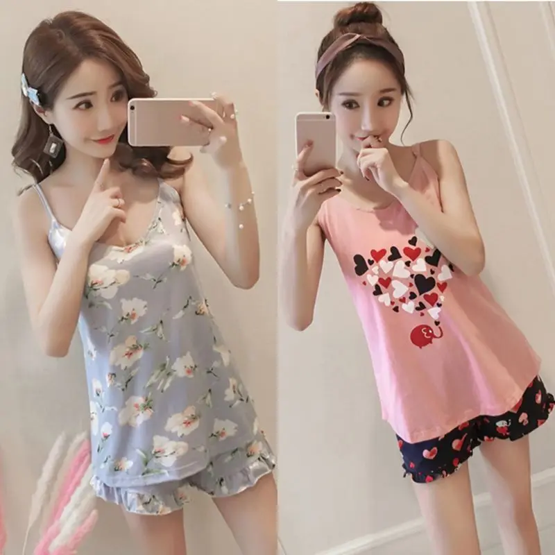Women Girls Summer Pajamas Set V-Neck Padded Camisole Ruffles Shorts Sleepwear Cute Rabbit Love Heart Floral Sling Loungewear | Женская