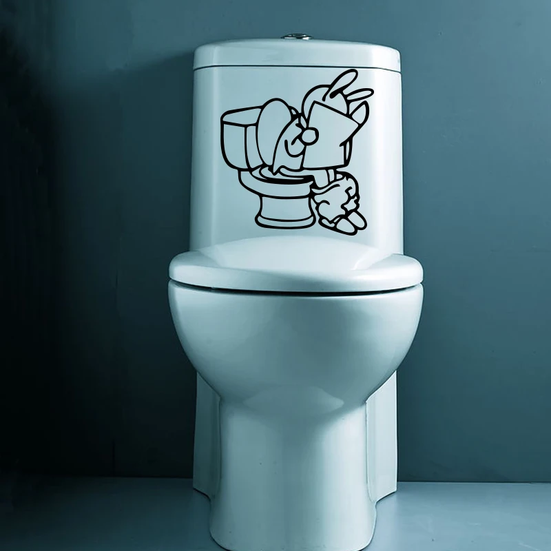 

Art design cheap vinyl closestool decoration reading rabbit wall sticker waterproof removable washing room decor animal decals