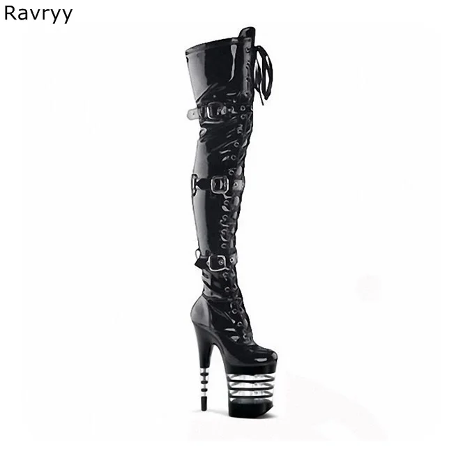 

Lace Up black Woman long boots Pole dance Model Show Club Party Female Shoes Buckle decor platform thin heel over-the-knee boot