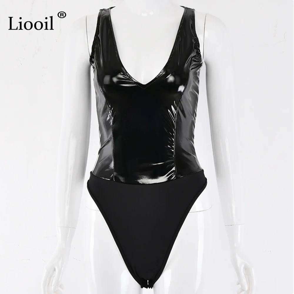Liooil, сексуальный клубный кожаный боди, черный, красный, Облегающий комбинезон для женщин, без рукавов, v-образный вырез, вечерние комбинезоны, женский комбинезон, Комбинезоны