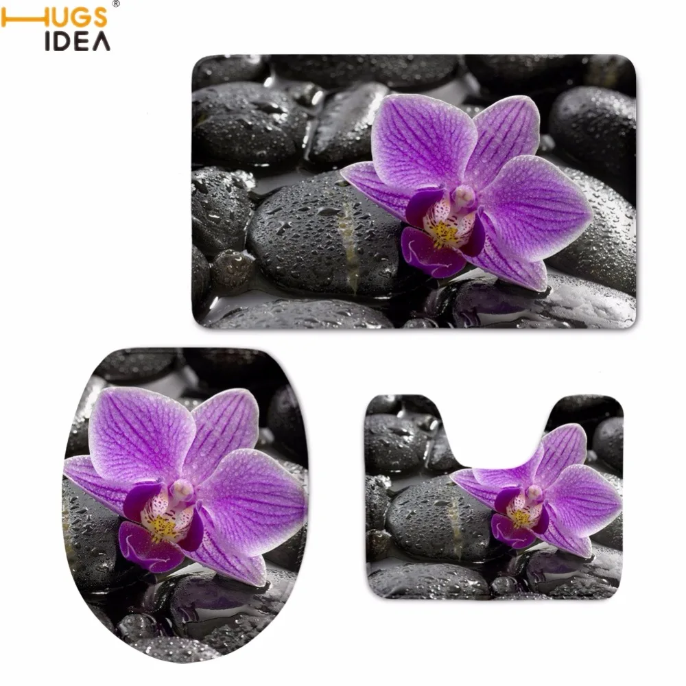 

HUGSIDEA Modern Style Orchids Printing Toilet Seat Covers Washroom Bath Accessories 3PCS Set Mats Non-slip Bathroom Carpets Rugs