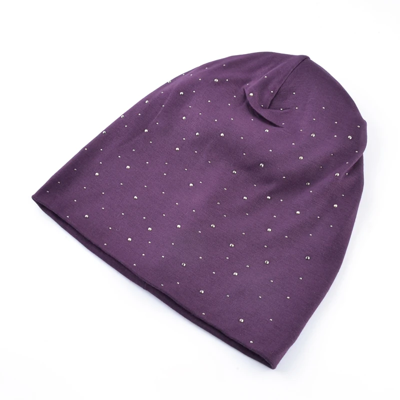 Осенняя шапочка-бини для женщин, одноцветные Стразы Skullies Beanies, женская модная шапка, Весенняя хлопковая шапка, тюрбан