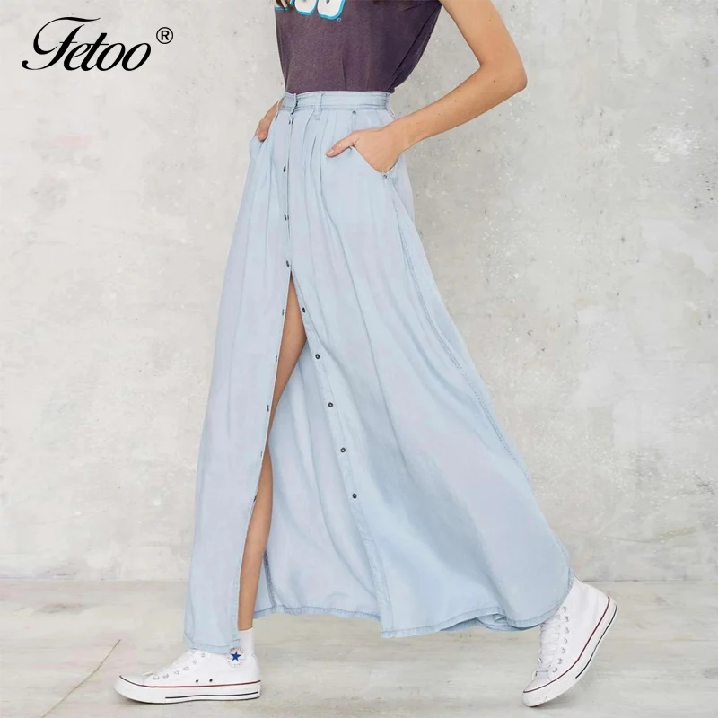 Fetoo Новая модная весенняя юбка Женская однобортная джинсовая макси Повседневная