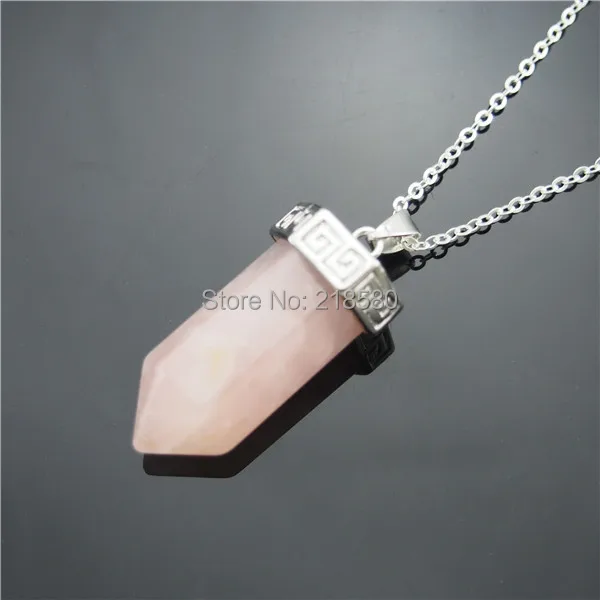 

QN321 Tibetan Necklace Antique Silver Hexagonal Crystal Rose Pink Quartz Pendant Necklace