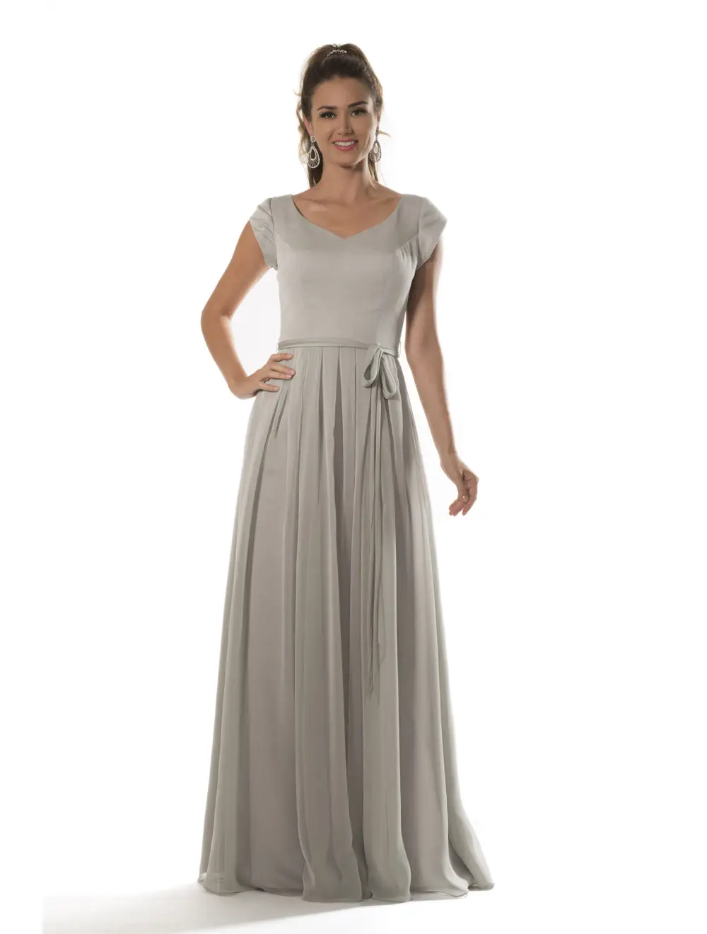 Silver Grey Long Modest Bridesmaid Dresses 2019 With Cap Sleeves A-line Floor Length Beach Country Chiffon Wedding Party Dress | Свадьбы и