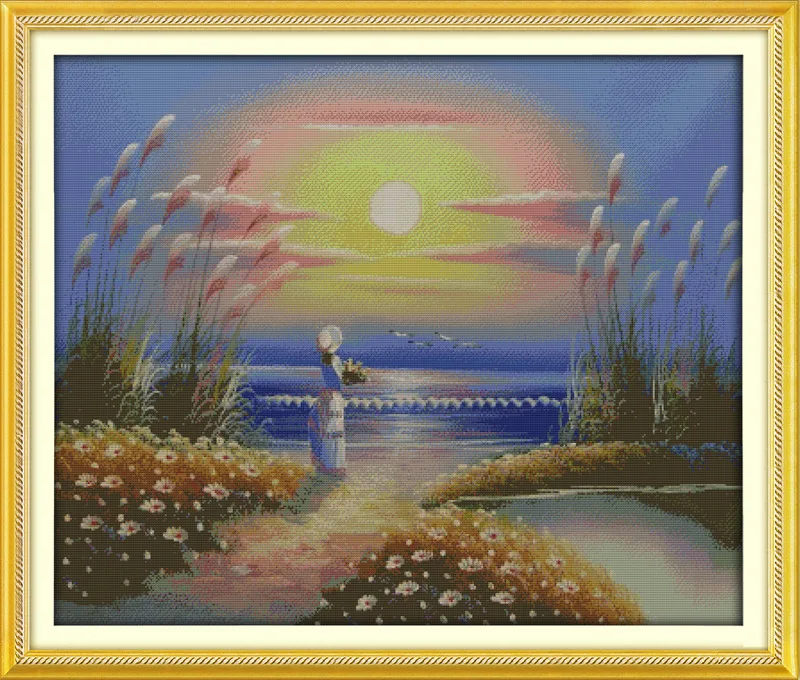 

Beautiful Seaside girl Printed Canvas DMC Counted Cross Stitch Kits printed Cross-stitch set Embroidery Needlework