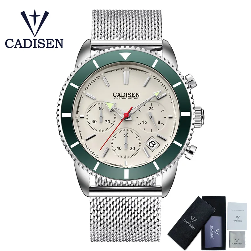 Green CADISEN, мужские часы, водонепроницаемые кварцевые часы, мужские модные спортивные часы с хронографом, мужские наручные часы, мужские часы - Цвет: Green