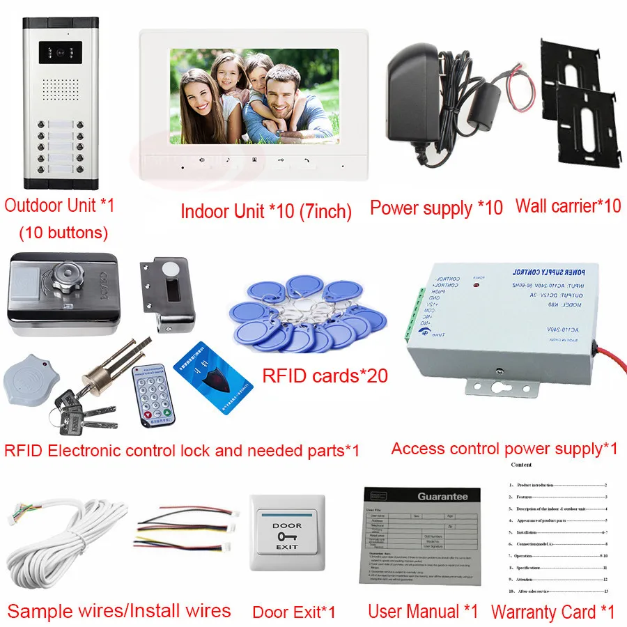 Новейший видеодомофон с видеодомофоном для 10 квартир электрический замок Rfid