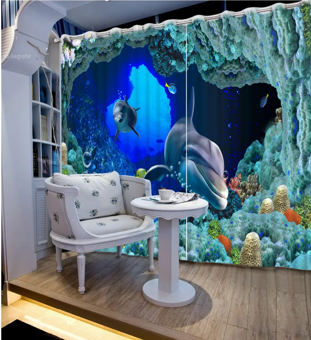 Занавески 3D занавески на заказ коралловые с изображением дельфина рыбы модный