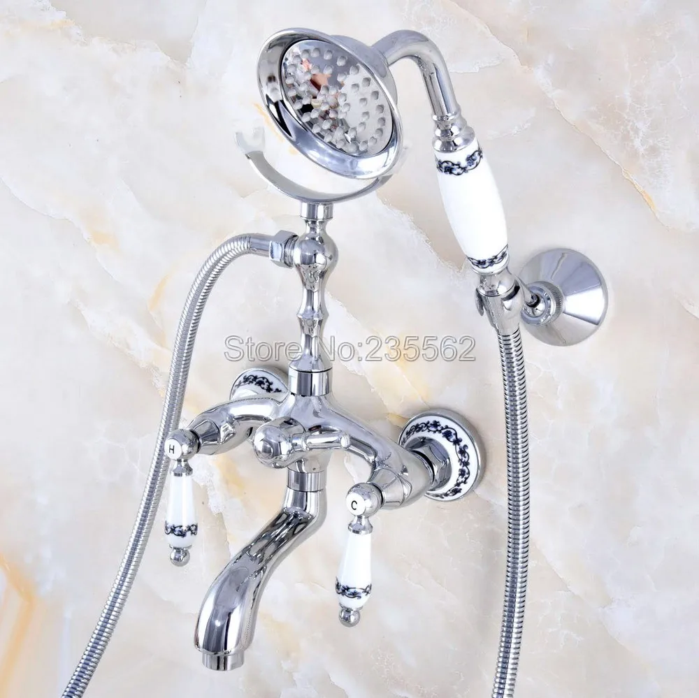 

Wall Mounted Polished Chrome Brass Bathroom Clawfoot Tub Faucet telephone style Bath Shower Water Mixer tap with Handshower