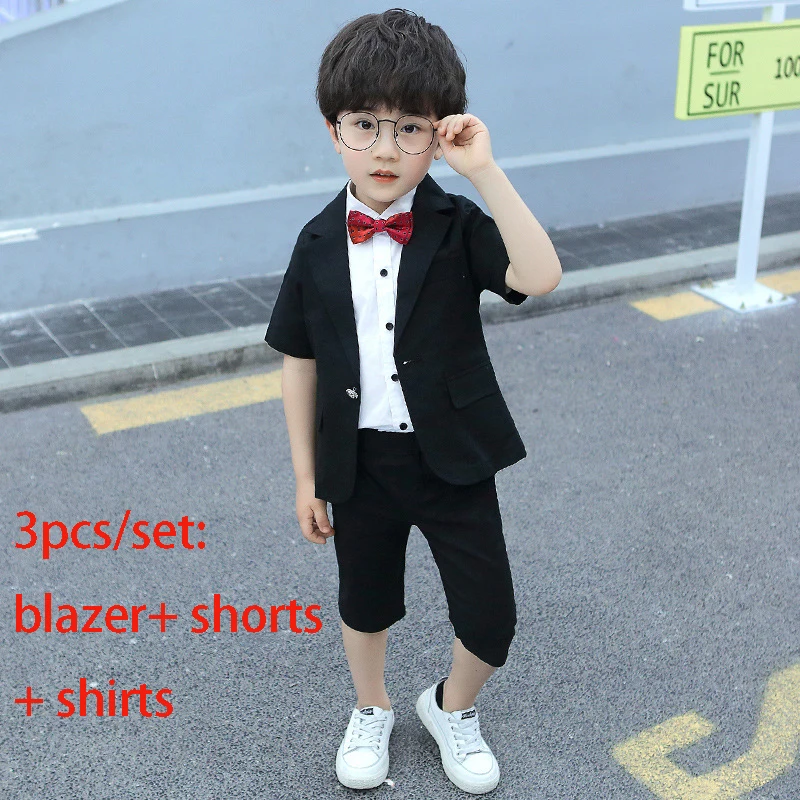 black 3pcs Детское летнее платье; комплект с цветочным узором для мальчиков; платье для свадьбы, дня рождения, выступления; костюмы; детский Блейзер; комплекты с шортами - Цвет: black 3pcs