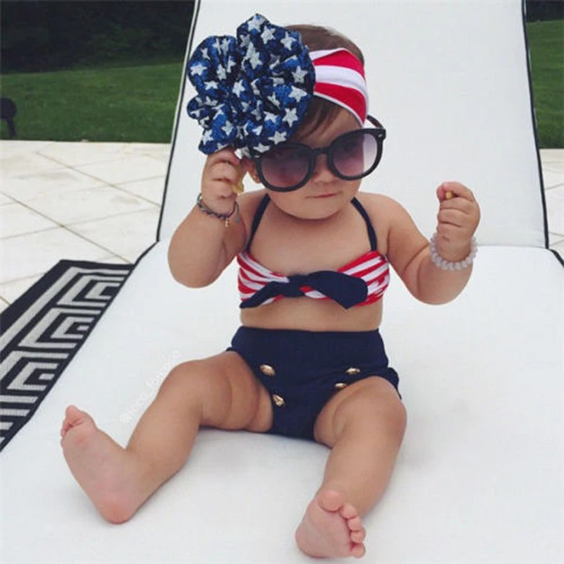 2018 Fashion Lovely Summer 3PCS Toddler Baby Girls Swimwear Sleeveless Belt Striped Bow Bikini Set Tops Pants Headband | Детская одежда