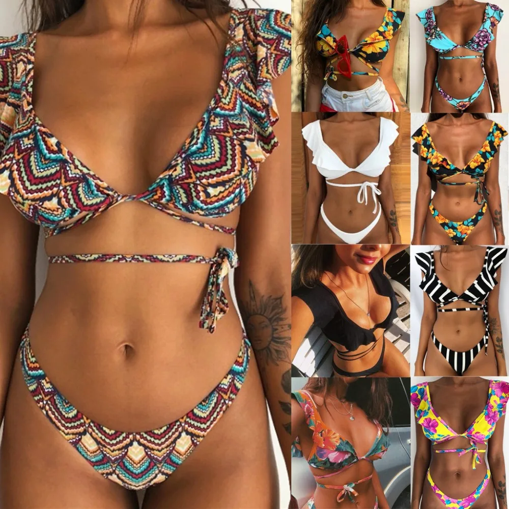 Женский купальник бикини в стиле ретро с воланом и бандажным принтом завязкой на