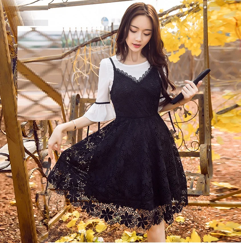 Платье на бретельках без рукавов кружевное осеннее Повседневное платье летнее