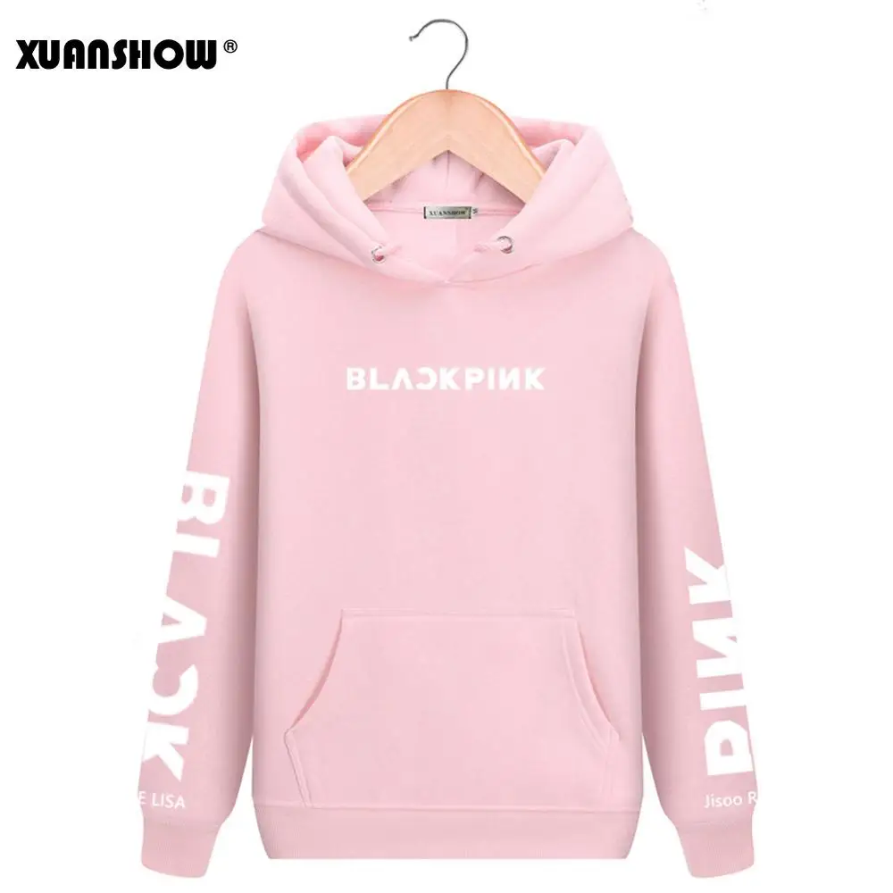 Pink XUANSHOW модные толстовки унисекс Swirtshirts Blackpink KPOP с длинным рукавом шляпа одежда Пуловеры Кофты Sudadera Mujer S-XXL - Цвет: Pink