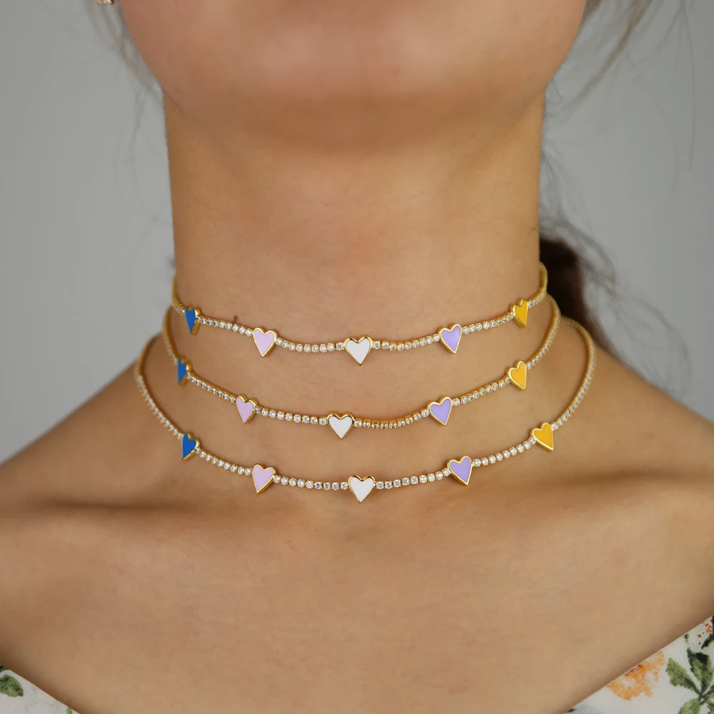 2021 summer gift women jewelry tennis cz choker thin chain rainbow heart charm white pink yellow purple colorful necklace | Украшения и