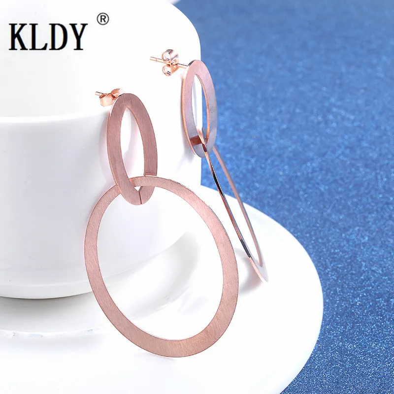 KLDY Rose Gold/Gold Color Big Round Earrings double circle drop stainless steel Simple For Women Accessories Jewelry | Украшения и