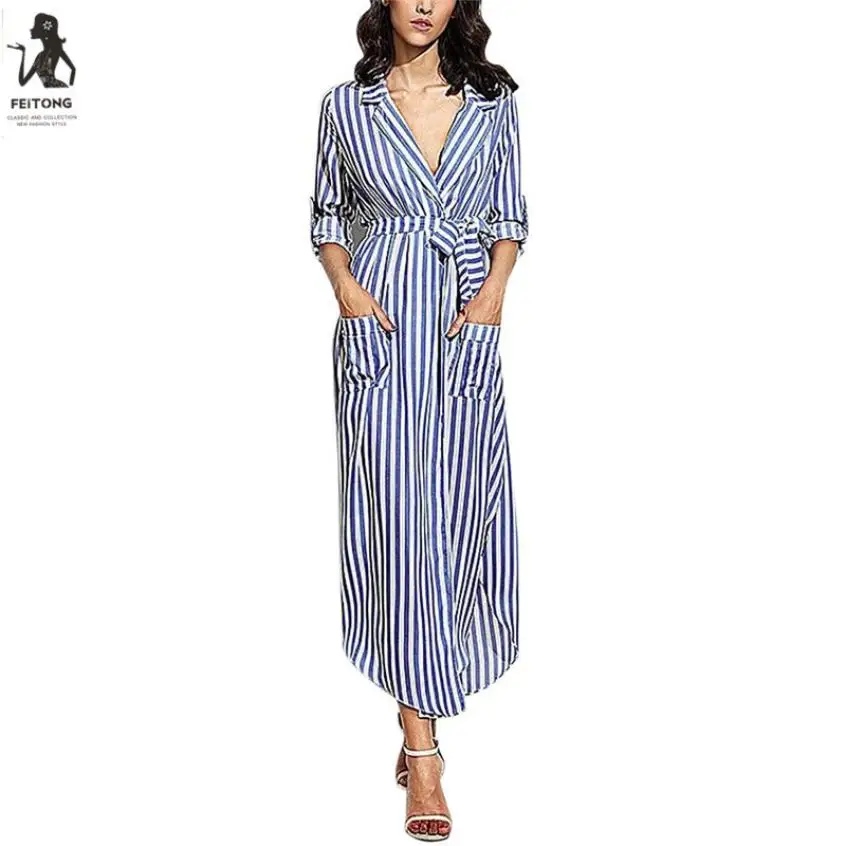 Женское Полосатое платье с поясом глубоким v-образным вырезом длинным рукавом