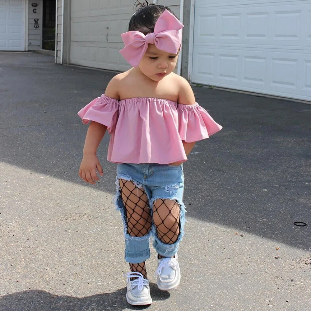 Casual Infant Cotton Suit baby girl boys clothe Set Toddler Kids Off Shoulder Ruffle T-Shirt Tops Summer Clothes Outfits | Детская