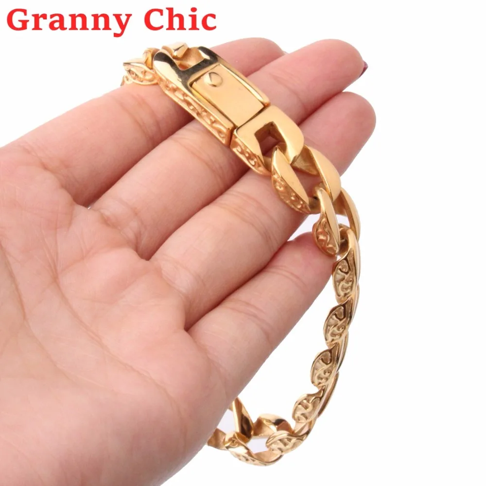 

Браслет Granny Chic 8,66 дюйма 12 мм для женщин и мужчин, браслет золотого цвета, кубинские звенья и цепи, браслет из нержавеющей стали для мужчин, ак...