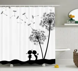 Домашняя занавеска для душа, винтажная Классическая занавеска для душа с изображением одуванчиков, цветов, симпатичная ткань для влюбленных, декор для ванной комнаты с крючками, черный, белый