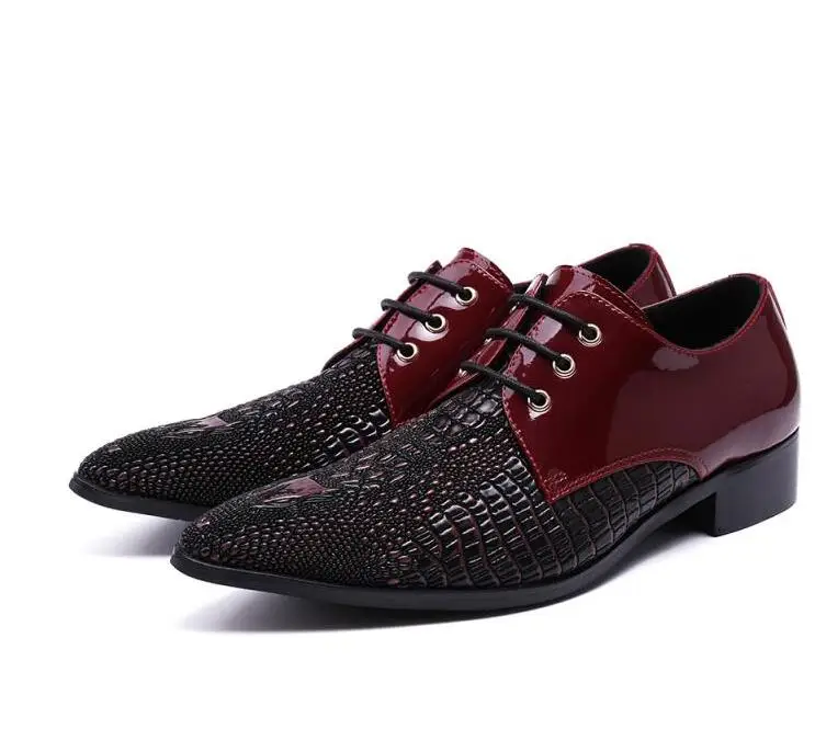 Lace-Up Med Heeled Men's Genuine Leather Dress Shoes Pointed-Toe Height Increasing Patchwork Stone Pattern Formal Brogue | Обувь