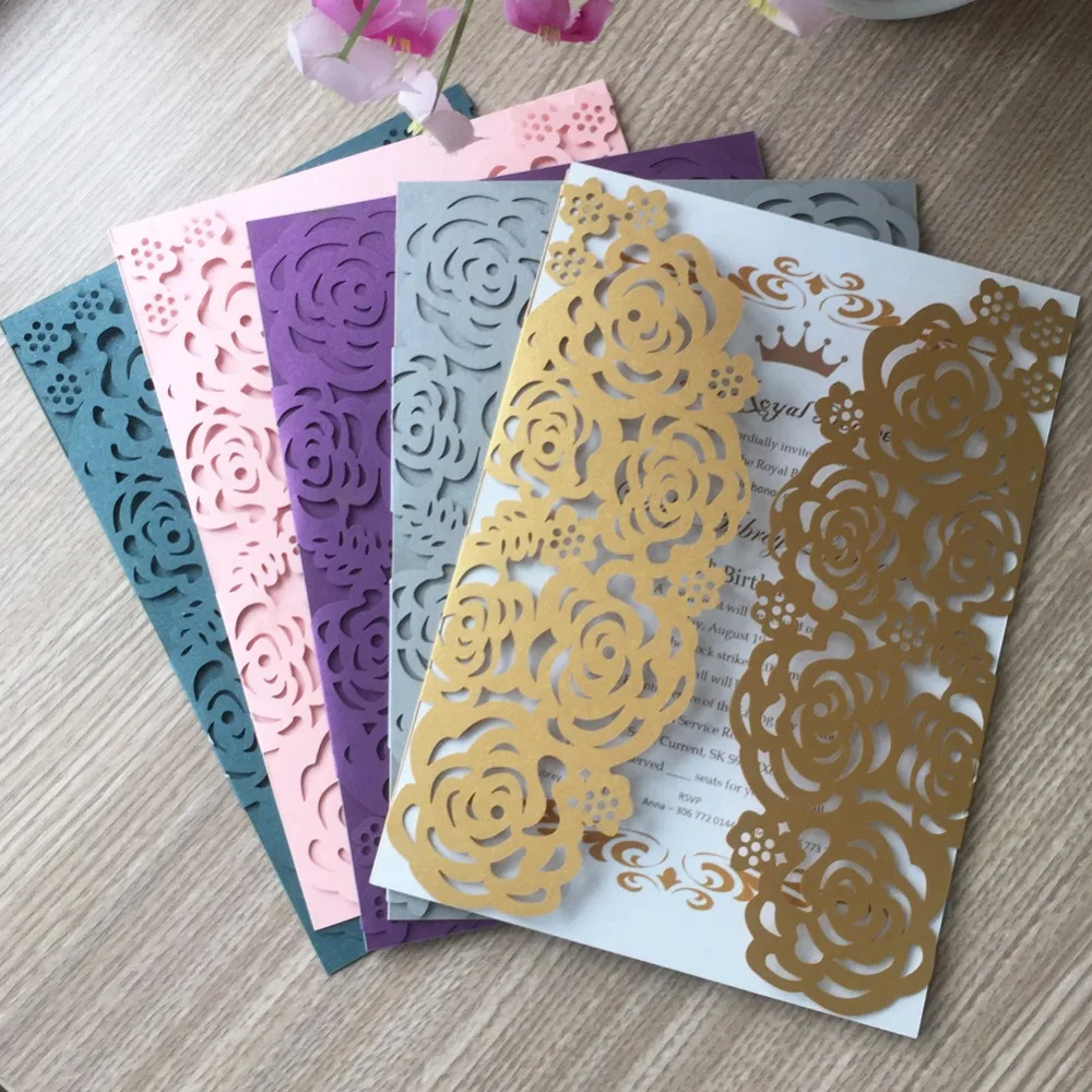 

20pcs Pink Color Pearl Paper Card Elegant Flower Inviting Card Party Craft Romantic Happy Wedding Invitation Card Qj-5