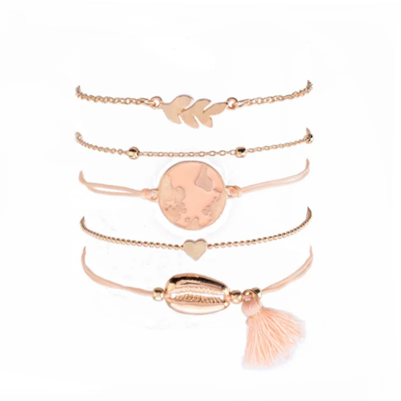 5 Pcs/set Boho Hellow Earth Heart Shell Leaves Gold Bracelet Set For Women Strand Tassels Bracelets Bangles Girls Jewelry Gift | Украшения