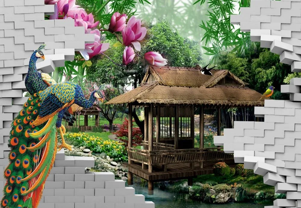 Фотообои 3d обои для ТВ фон Павлин 3D стереоскопическое бамбуковое украшение