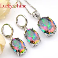 luckyshine holiday gift oval fire mystic rainbow crystal cubic zirconia 925 silver pendants necklaces drop earrings jewelry sets