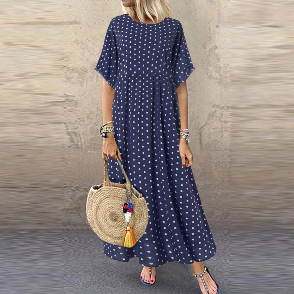 Женское платье MISSOMO 5XL, винтажное, с круглым вырезом, длинное, макси, платье в горошек, Peinted, повседневное, летнее, Пляжное, boho, платья, vestidos robe 79