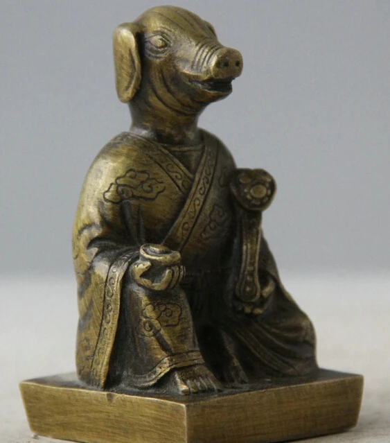 Старый китайский народный медный Зодиак Свинья богатство Статуэтка Ру Йи