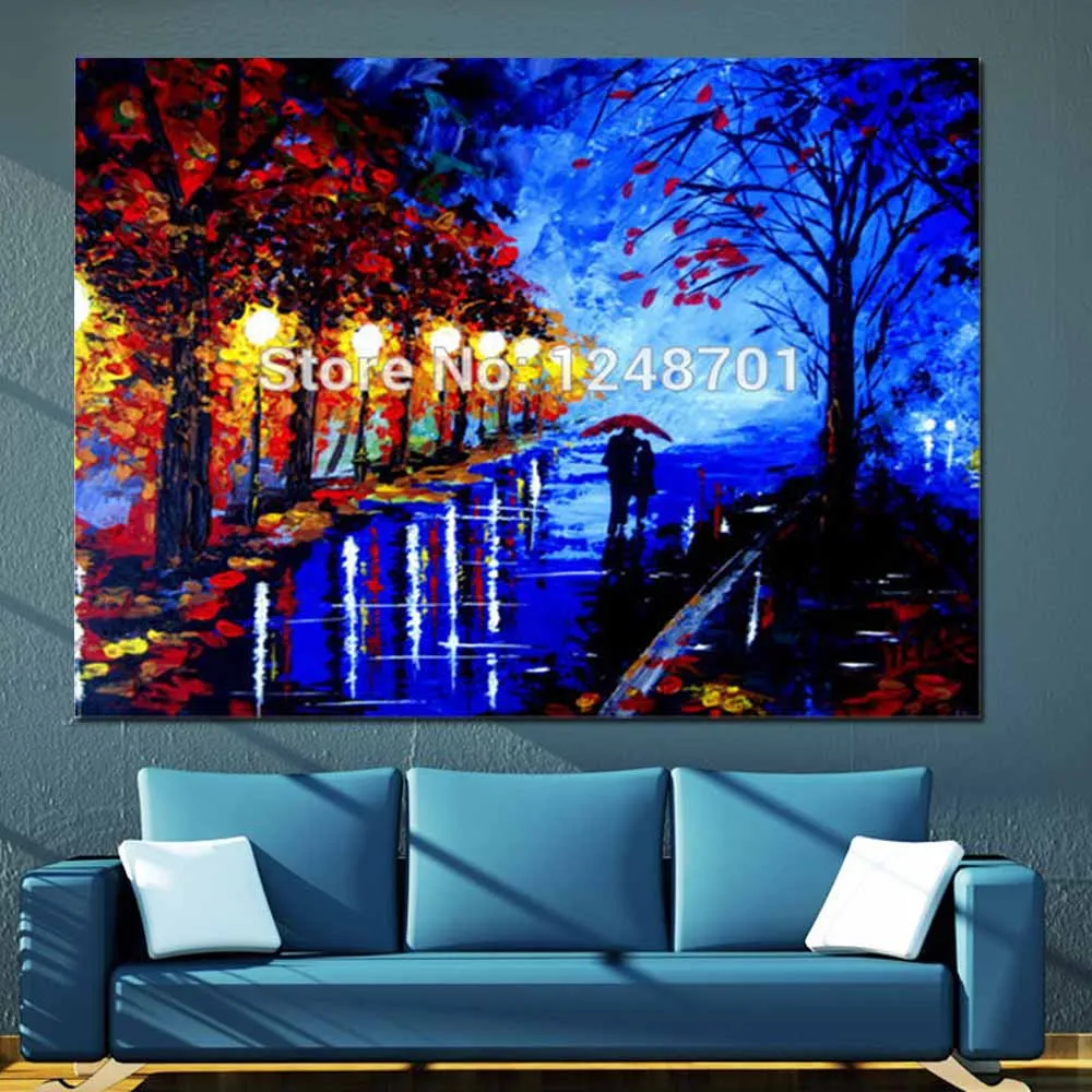 Ручная роспись акриловые абстрактные картины пары с зонтиком дождливая ночь