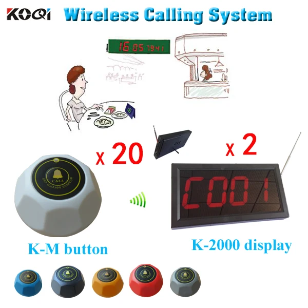 

Coffee Wireless Waiter Call Systems 2pcs K-2000 Display And 20pcs K-M-W 100% Waterproof Buttons DHL Free Shipping