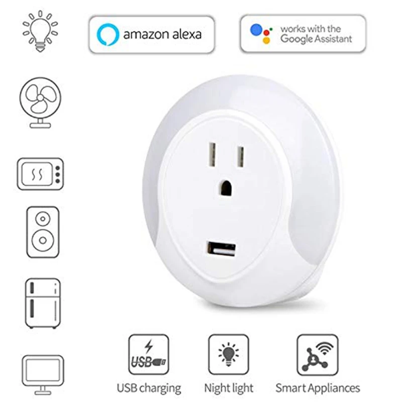 Светодиодный ночник Smart Wifi Socker с 5V Usb зарядным портом работает для Alexa Google Assistant Us